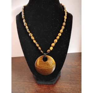 Cookie Lee Tigers Eye Beaded Necklace Chevron Donut Pendant Brown Silver Tone